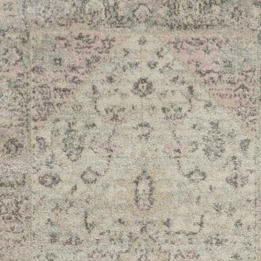 7' Ivory Pink And Gray Floral Medallion Distressed Runner Rug Photo 5