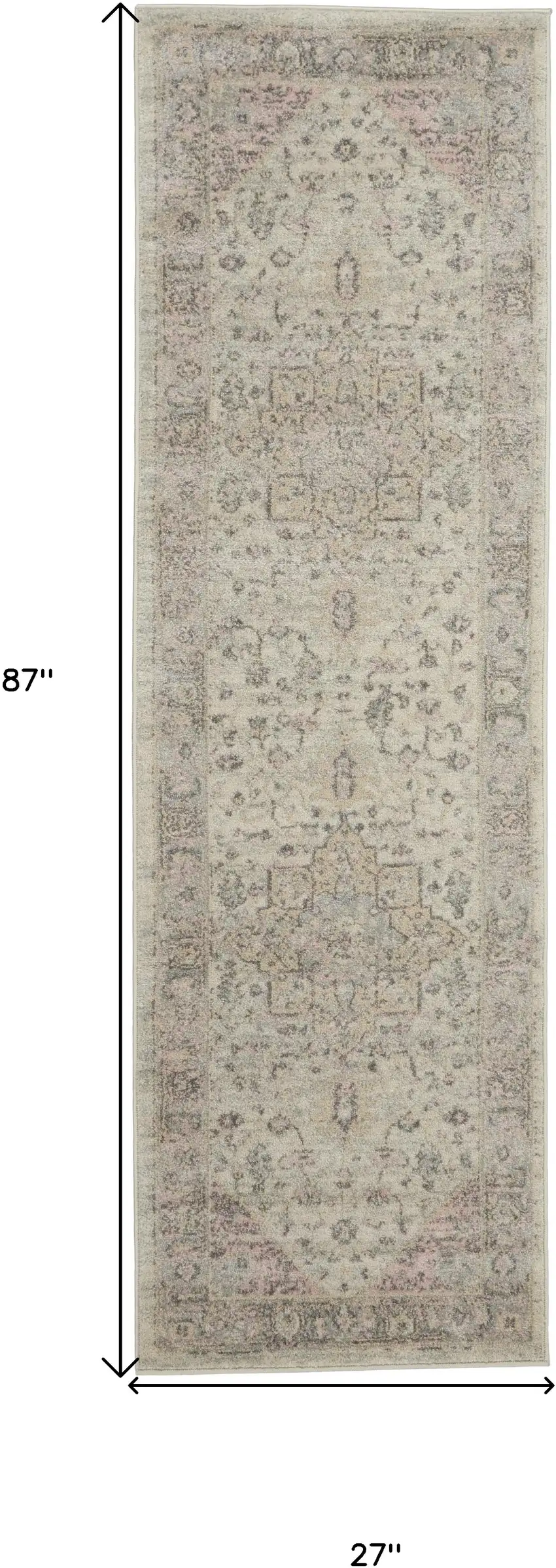 7' Ivory Pink And Gray Floral Medallion Distressed Runner Rug Photo 3