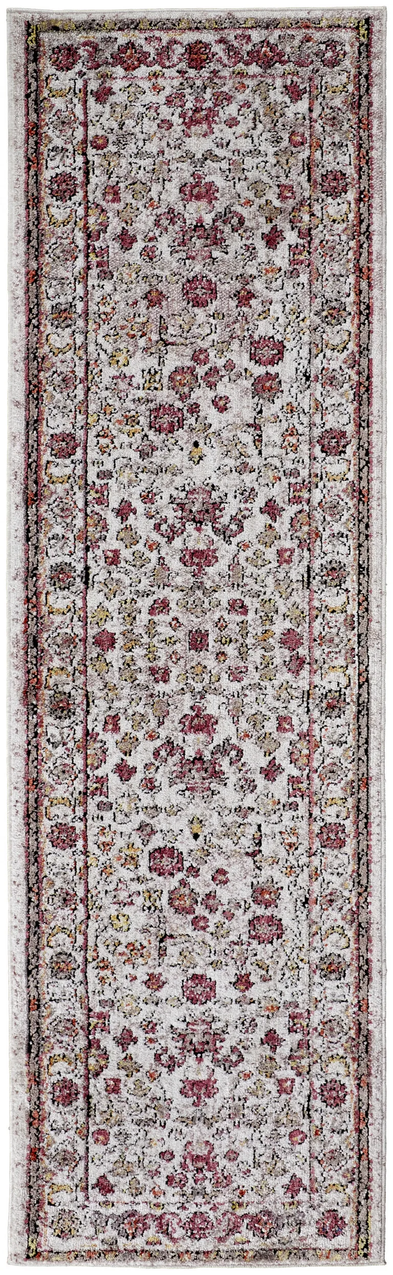 8' Ivory Pink And Gray Floral Stain Resistant Runner Rug Photo 1