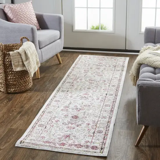 8' Ivory Pink And Gray Floral Stain Resistant Runner Rug Photo 3