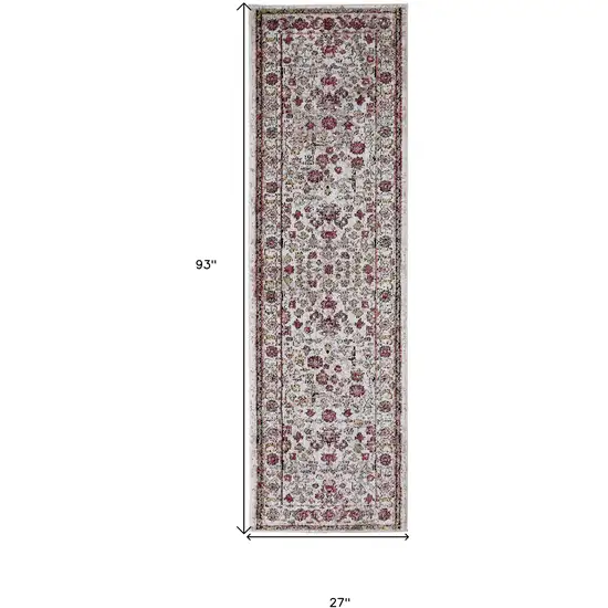 8' Ivory Pink And Gray Floral Stain Resistant Runner Rug Photo 4