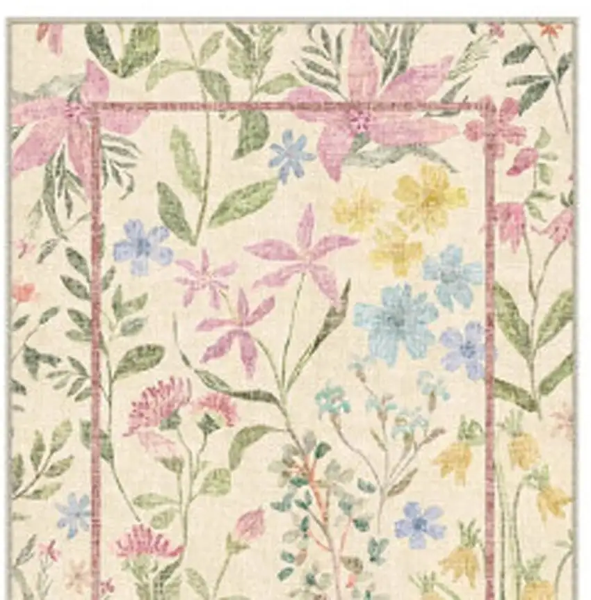 8' Ivory Pink And Green Floral Washable Area Rug Photo 3