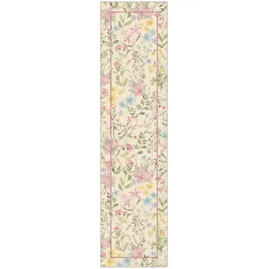 8' Ivory Pink And Green Floral Washable Area Rug Photo 2