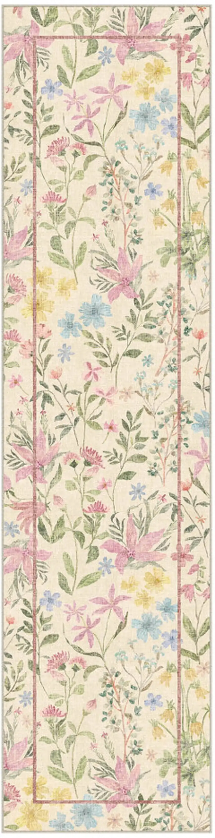 8' Ivory Pink And Green Floral Washable Area Rug Photo 2