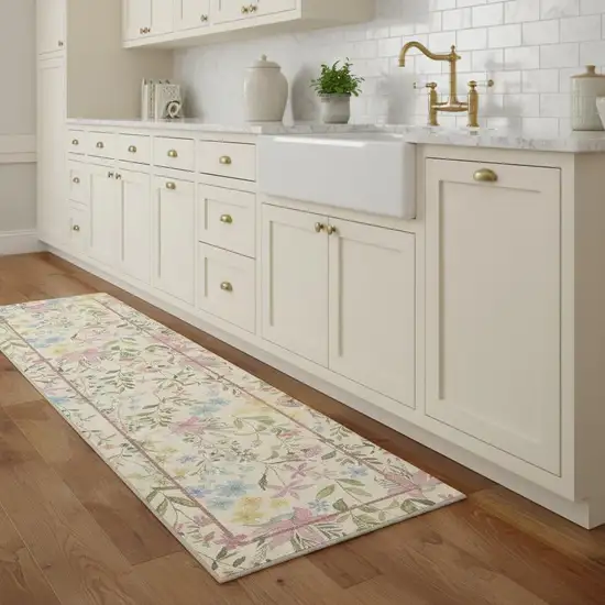 8' Ivory Pink And Green Floral Washable Area Rug Photo 1