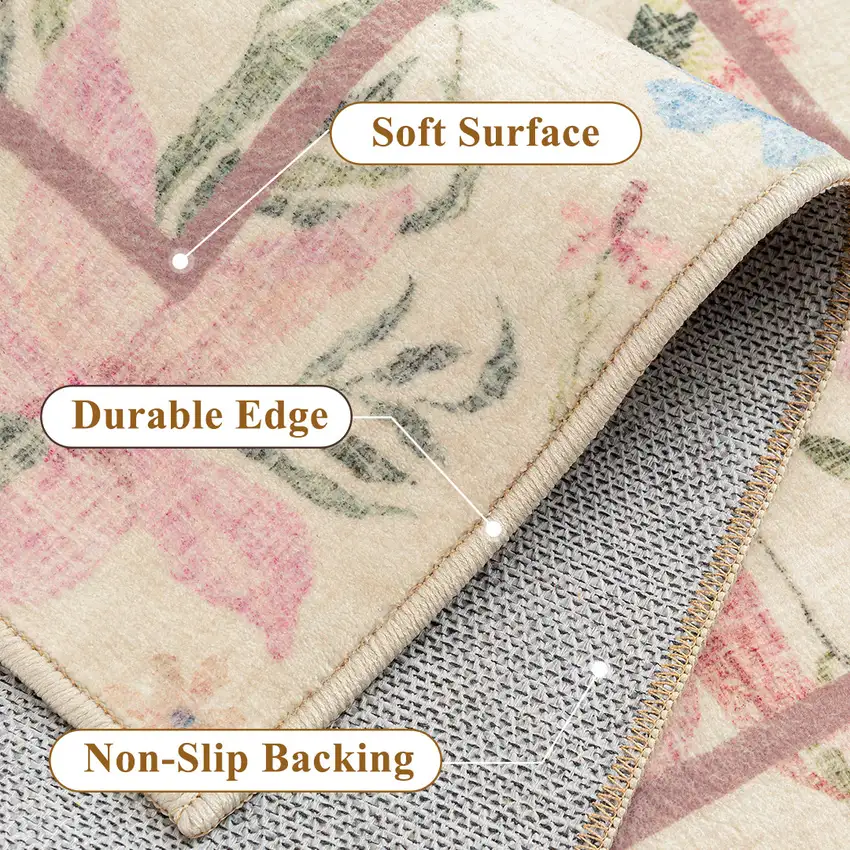 8' Ivory Pink And Green Floral Washable Area Rug Photo 9