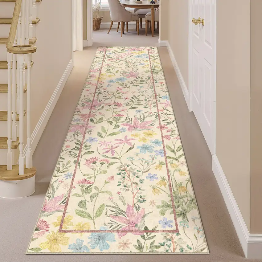 8' Ivory Pink And Green Floral Washable Area Rug Photo 4