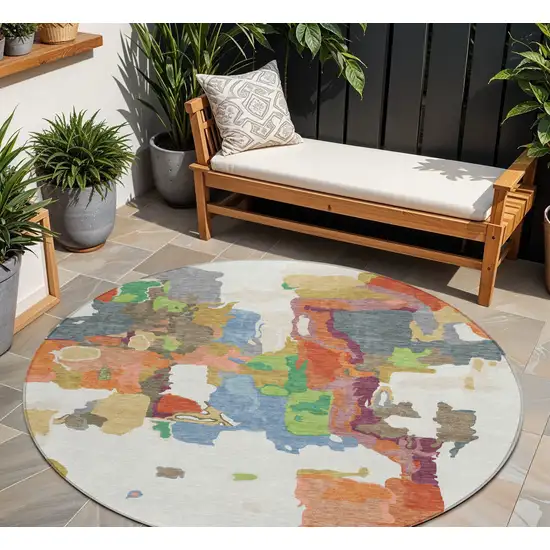 8' Ivory Pink And Green Round Abstract Washable Indoor Outdoor Area Rug Photo 1