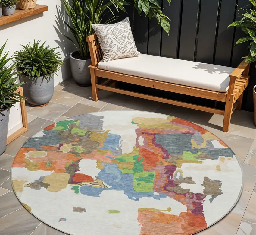 8' Ivory Pink And Green Round Abstract Washable Indoor Outdoor Area Rug Photo 1