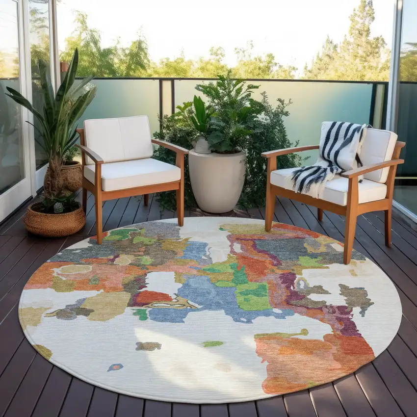8' Ivory Pink And Green Round Abstract Washable Indoor Outdoor Area Rug Photo 6
