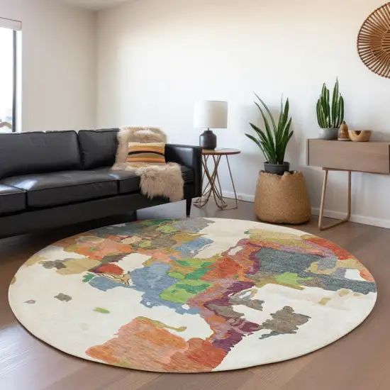 8' Ivory Pink And Green Round Abstract Washable Indoor Outdoor Area Rug Photo 7
