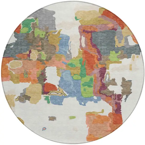 8' Ivory Pink And Green Round Abstract Washable Indoor Outdoor Area Rug Photo 2