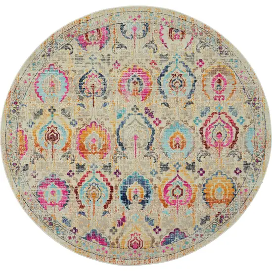 6' Ivory Pink And Orange Floral Distressed Round Rug Photo 1