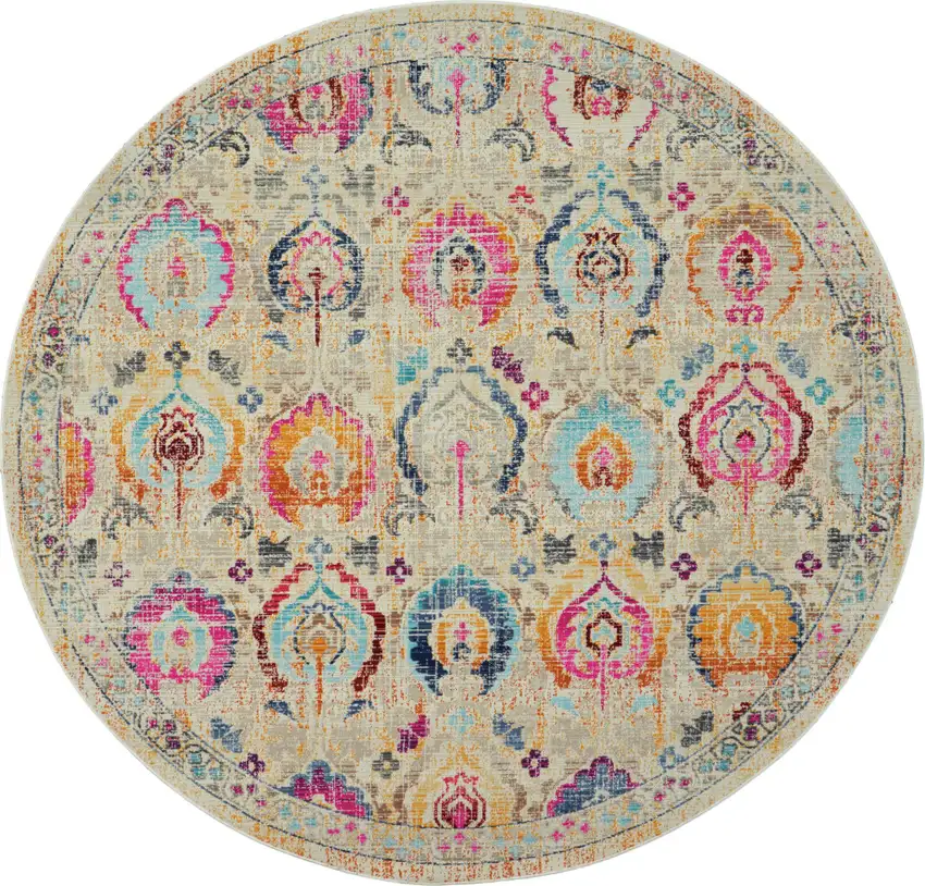 6' Ivory Pink And Orange Floral Distressed Round Rug Photo 1