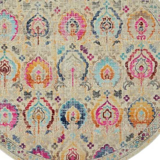 6' Ivory Pink And Orange Floral Distressed Round Rug Photo 7