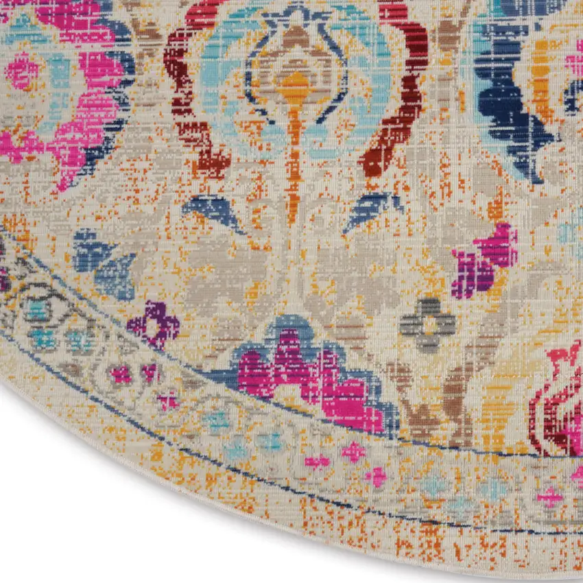 4' Ivory Pink And Orange Floral Distressed Round Rug Photo 7