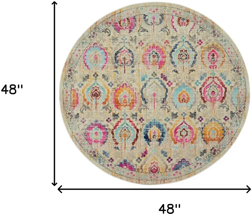 4' Ivory Pink And Orange Floral Distressed Round Rug Photo 3