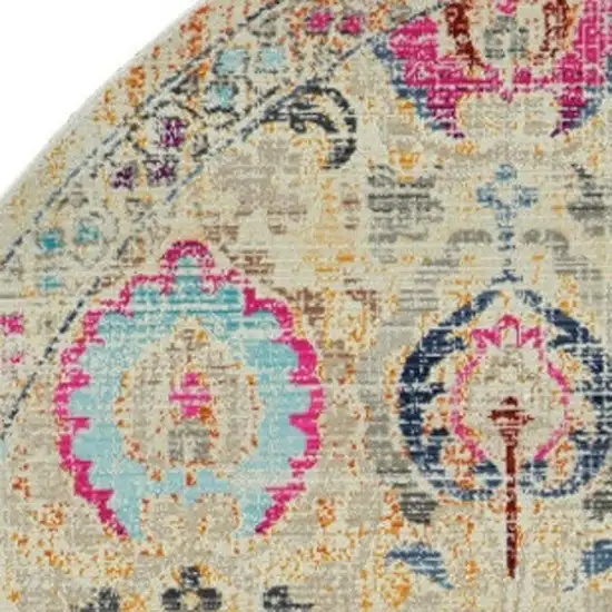 4' Ivory Pink And Orange Floral Distressed Round Rug Photo 4