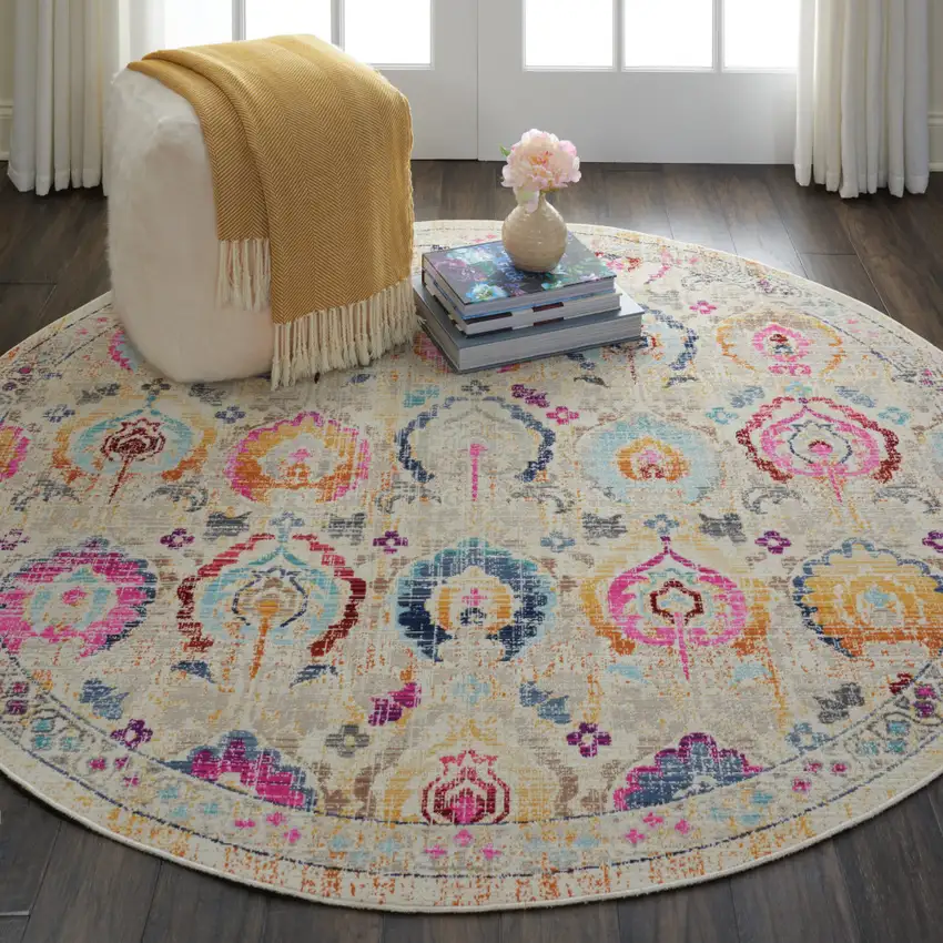 4' Ivory Pink And Orange Floral Distressed Round Rug Photo 5