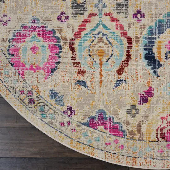 4' Ivory Pink And Orange Floral Distressed Round Rug Photo 9