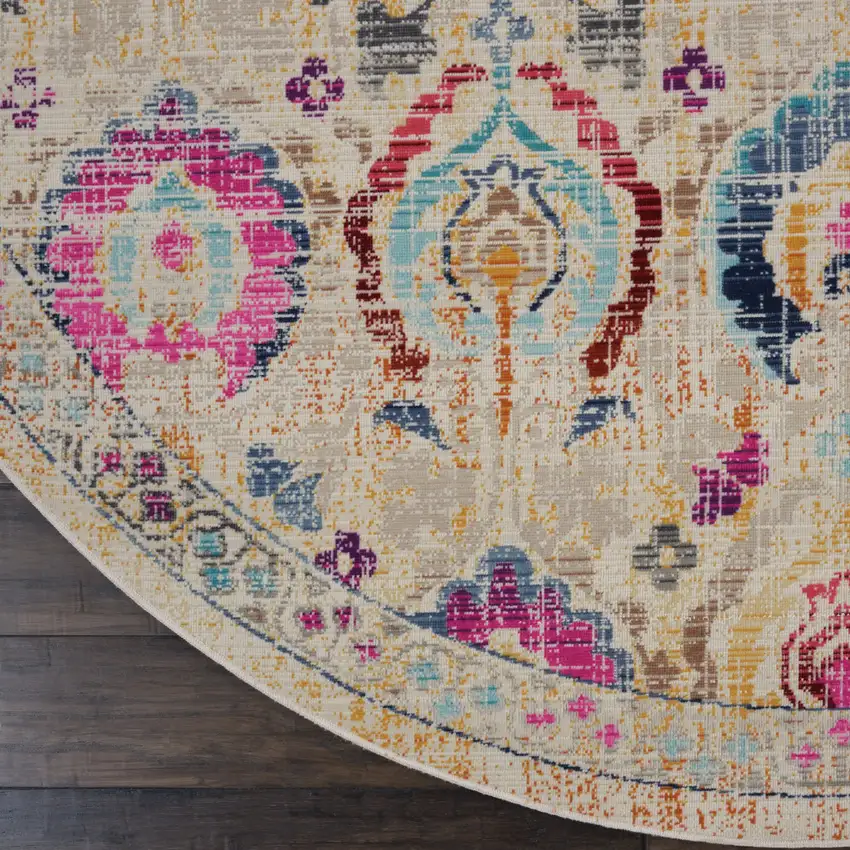 4' Ivory Pink And Orange Floral Distressed Round Rug Photo 9