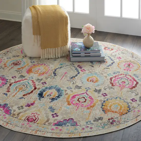 4' Ivory Pink And Orange Floral Distressed Round Rug Photo 7