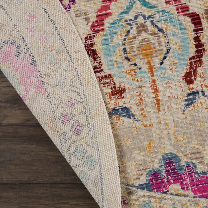 4' Ivory Pink And Orange Floral Distressed Round Rug Photo 8