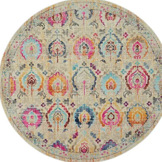4' Ivory Pink And Orange Floral Distressed Round Rug Photo 2