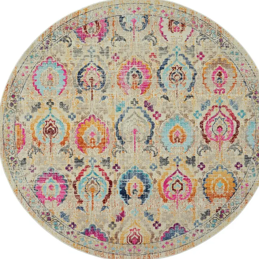 4' Ivory Pink And Orange Floral Distressed Round Rug Photo 9