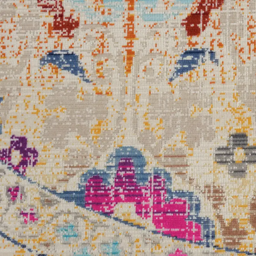 4' Ivory Pink And Orange Floral Distressed Round Rug Photo 5