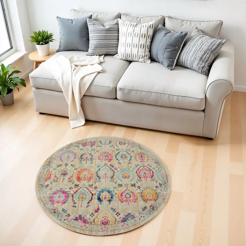 4' Ivory Pink And Orange Floral Distressed Round Rug Photo 3