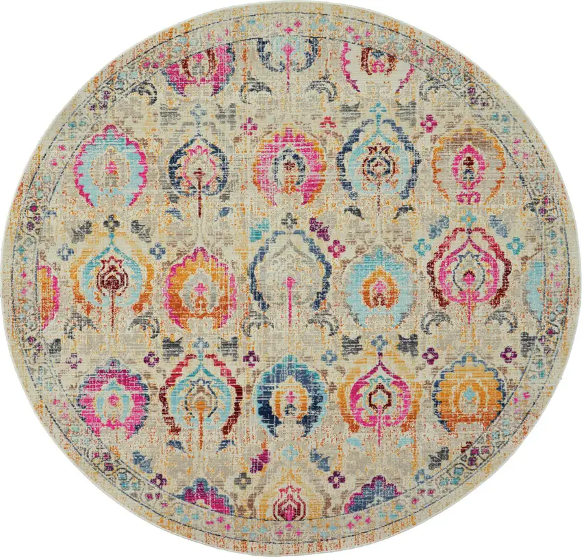 4' Ivory Pink And Orange Floral Distressed Round Rug Photo 2