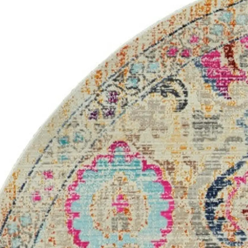 4' Ivory Pink And Orange Floral Distressed Round Rug Photo 8