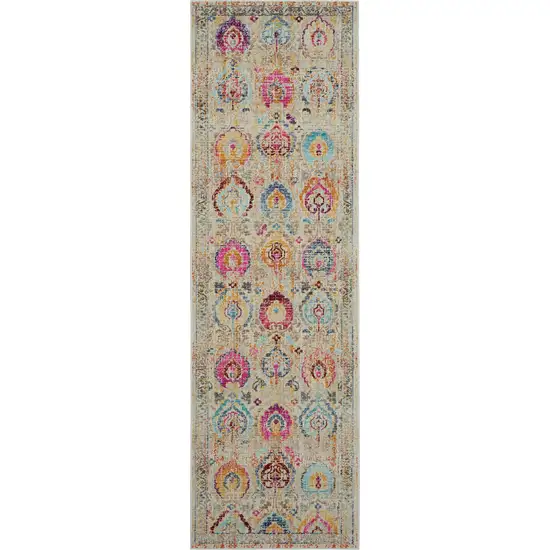 8' Ivory Pink And Orange Floral Distressed Runner Rug Photo 1