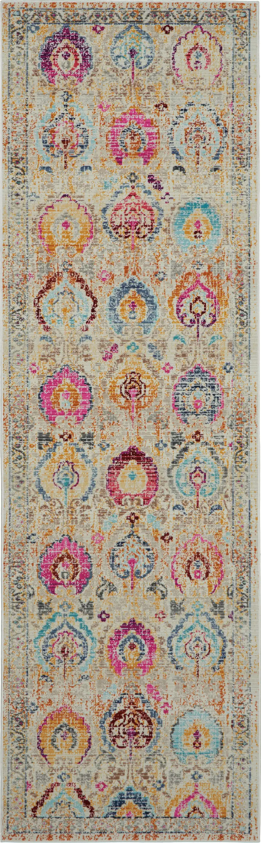8' Ivory Pink And Orange Floral Distressed Runner Rug Photo 2