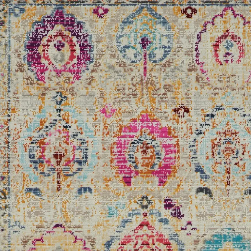 8' Ivory Pink And Orange Floral Distressed Runner Rug Photo 8