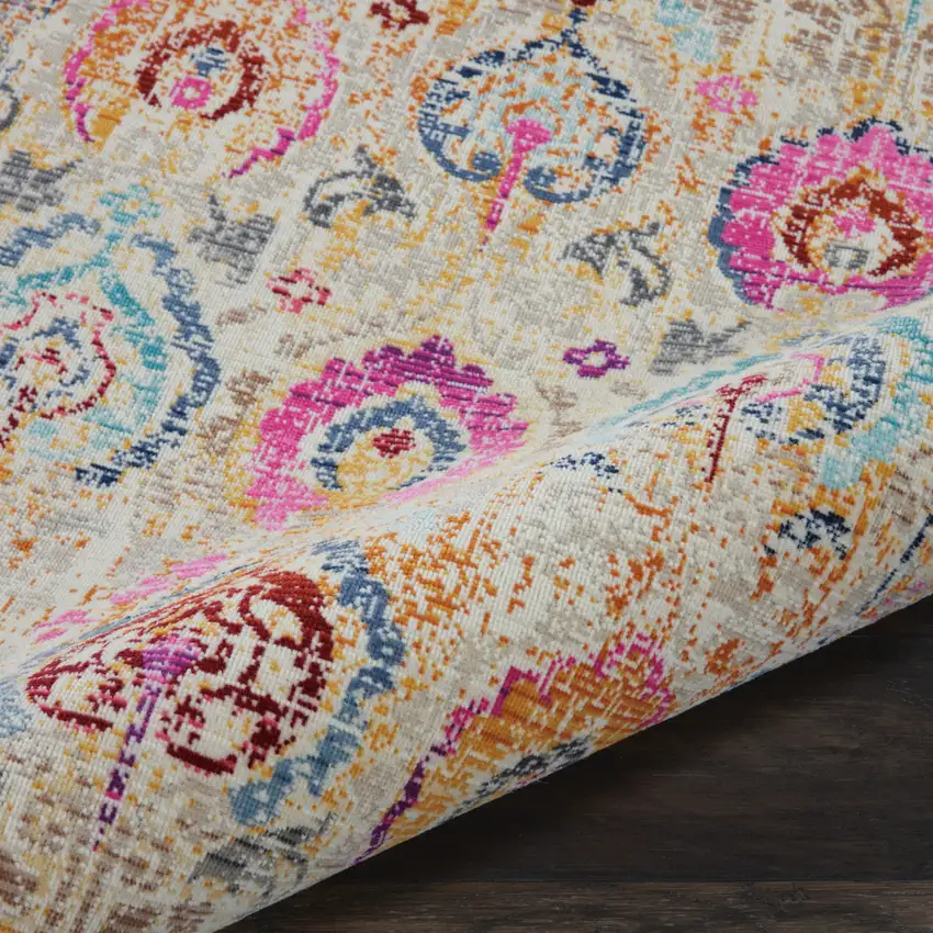 8' Ivory Pink And Orange Floral Distressed Runner Rug Photo 7