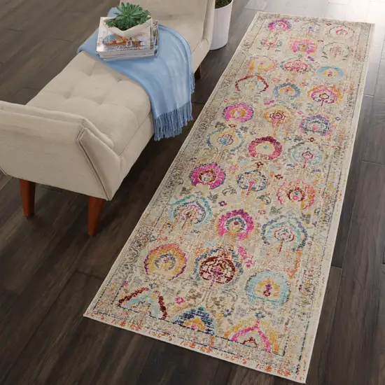 8' Ivory Pink And Orange Floral Distressed Runner Rug Photo 3