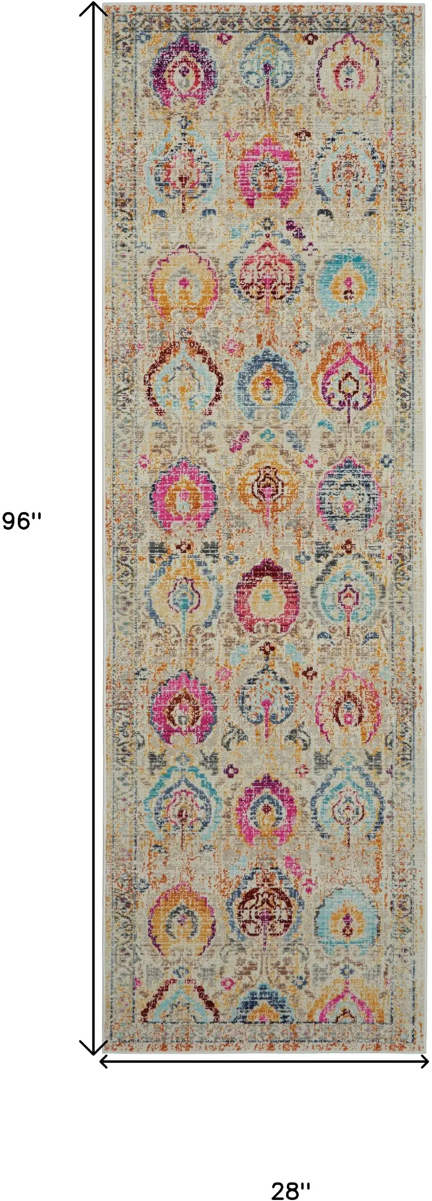 8' Ivory Pink And Orange Floral Distressed Runner Rug Photo 3