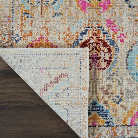 6' Ivory Pink And Orange Floral Distressed Runner Rug Photo 9