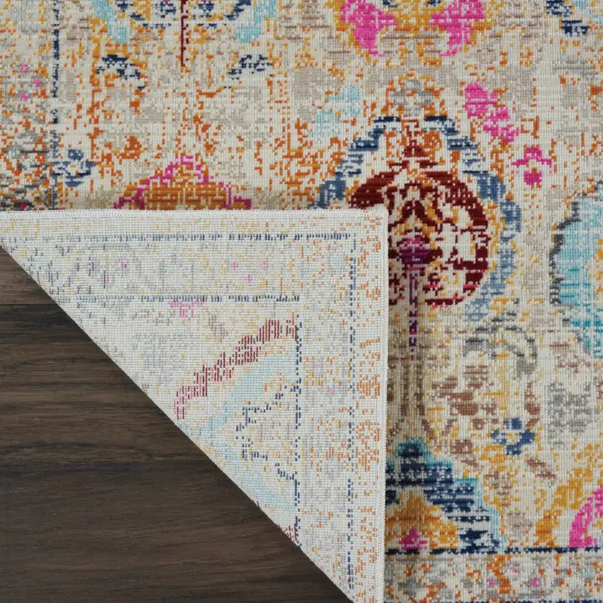 6' Ivory Pink And Orange Floral Distressed Runner Rug Photo 9