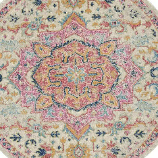 4' Ivory Pink And Red Floral Round Rug Photo 8