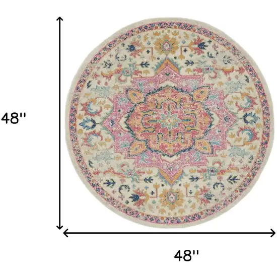 4' Ivory Pink And Red Floral Round Rug Photo 3