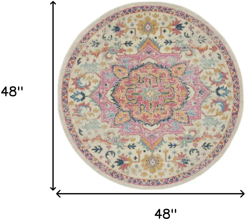 4' Ivory Pink And Red Floral Round Rug Photo 3