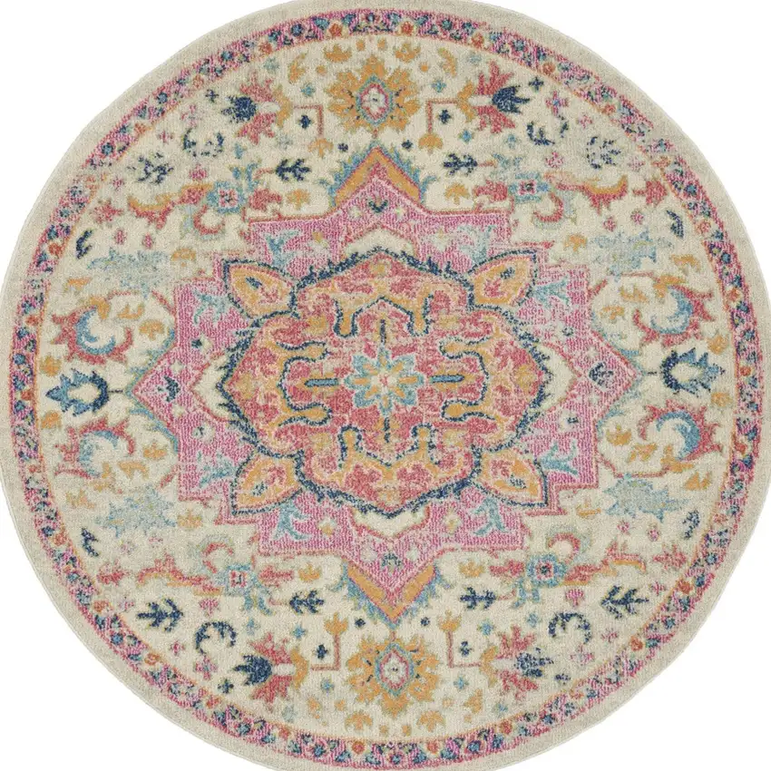 4' Ivory Pink And Red Floral Round Rug Photo 3