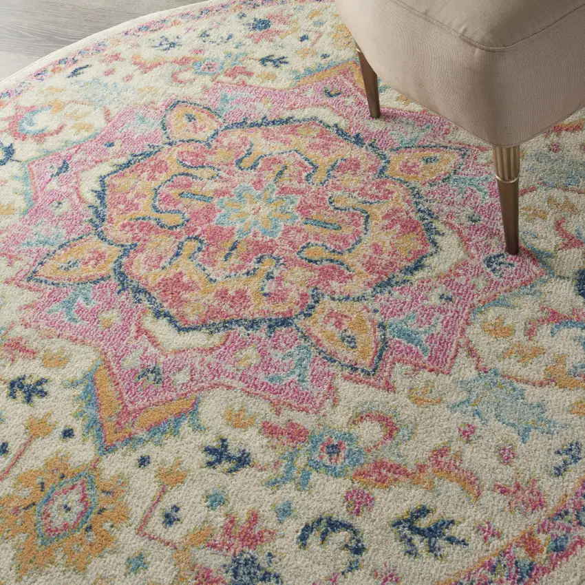 4' Ivory Pink And Red Floral Round Rug Photo 6