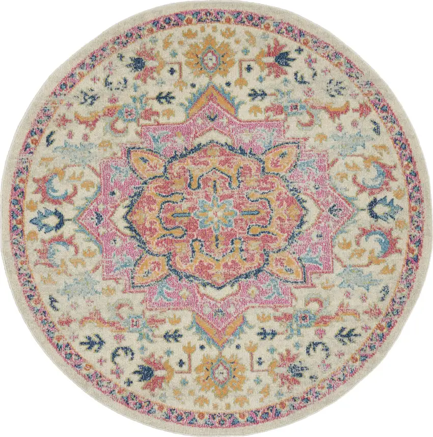 4' Ivory Pink And Red Floral Round Rug Photo 2