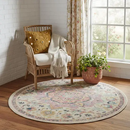 4' Ivory Pink And Red Floral Round Rug Photo 1