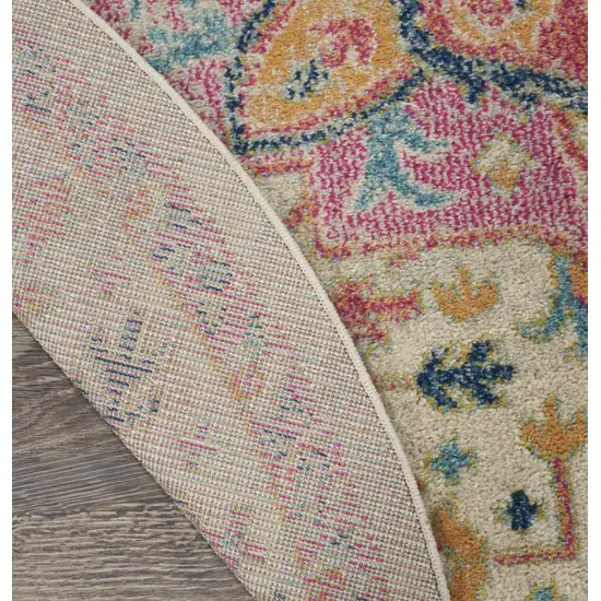 4' Ivory Pink And Red Floral Round Rug Photo 9