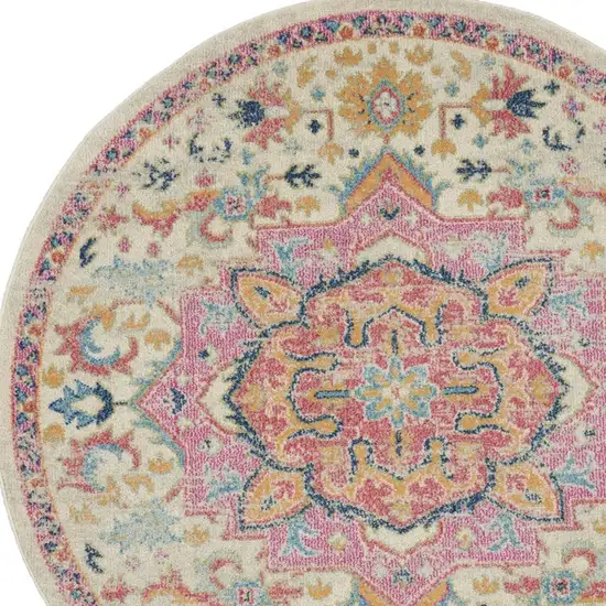 4' Ivory Pink And Red Floral Round Rug Photo 4